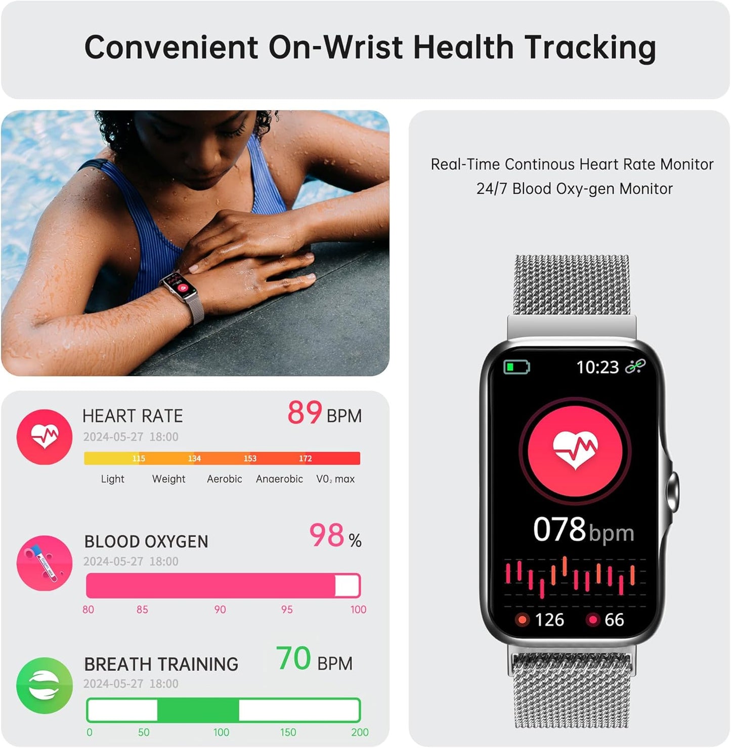 Health Fitness Tracker, Smart Watch with 24\/7 Heart Rate and Blood Oxygen Monitor, Sleep Tracker with IP68 Waterproof, Activity Tracker Pedometer Step Counter for Women Men