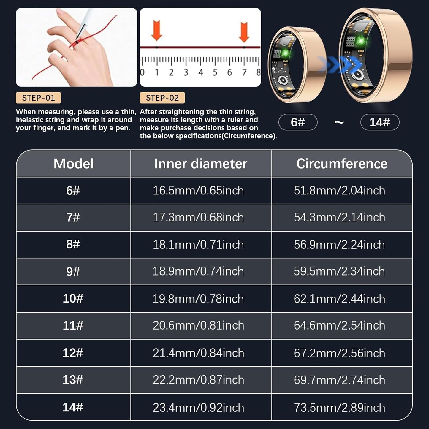 Health Tracker Ring, Smart Health Ring for Women Men with Heart Rate, Blood Oxygen, Sleep Monitor, Steps,Calories, No Subscription Fee, IP68 Waterproof Smart Ring for iPhone & Android (Rose Gold, 6#)