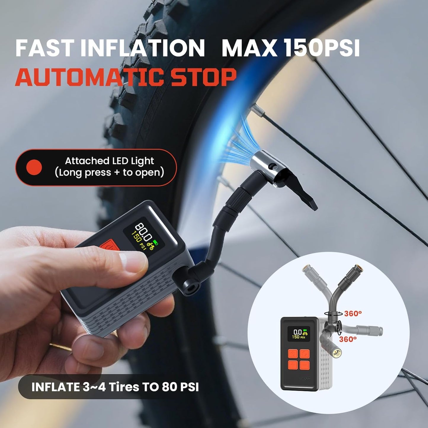 Mini Bike Tire Pump (150PSI Fast Inflation with Guage) (Presta and Schrader Valve) Portable Electric Air Pump for Road and Mountain Bicycle, E-Bike, Motorcycle, Sports Ball