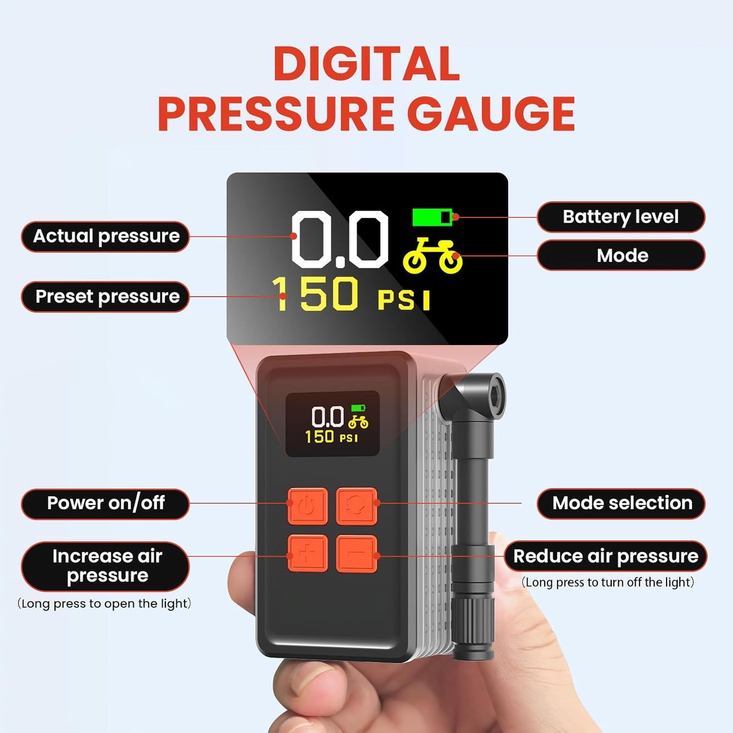 Mini Bike Tire Pump (150PSI Fast Inflation with Guage) (Presta and Schrader Valve) Portable Electric Air Pump for Road and Mountain Bicycle, E-Bike, Motorcycle, Sports Ball
