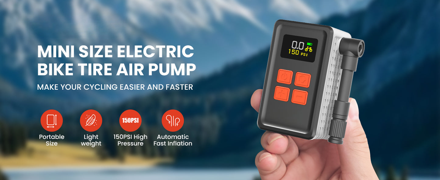 Mini Bike Tire Pump (150PSI Fast Inflation with Guage) (Presta and Schrader Valve) Portable Electric Air Pump for Road and Mountain Bicycle, E-Bike, Motorcycle, Sports Ball