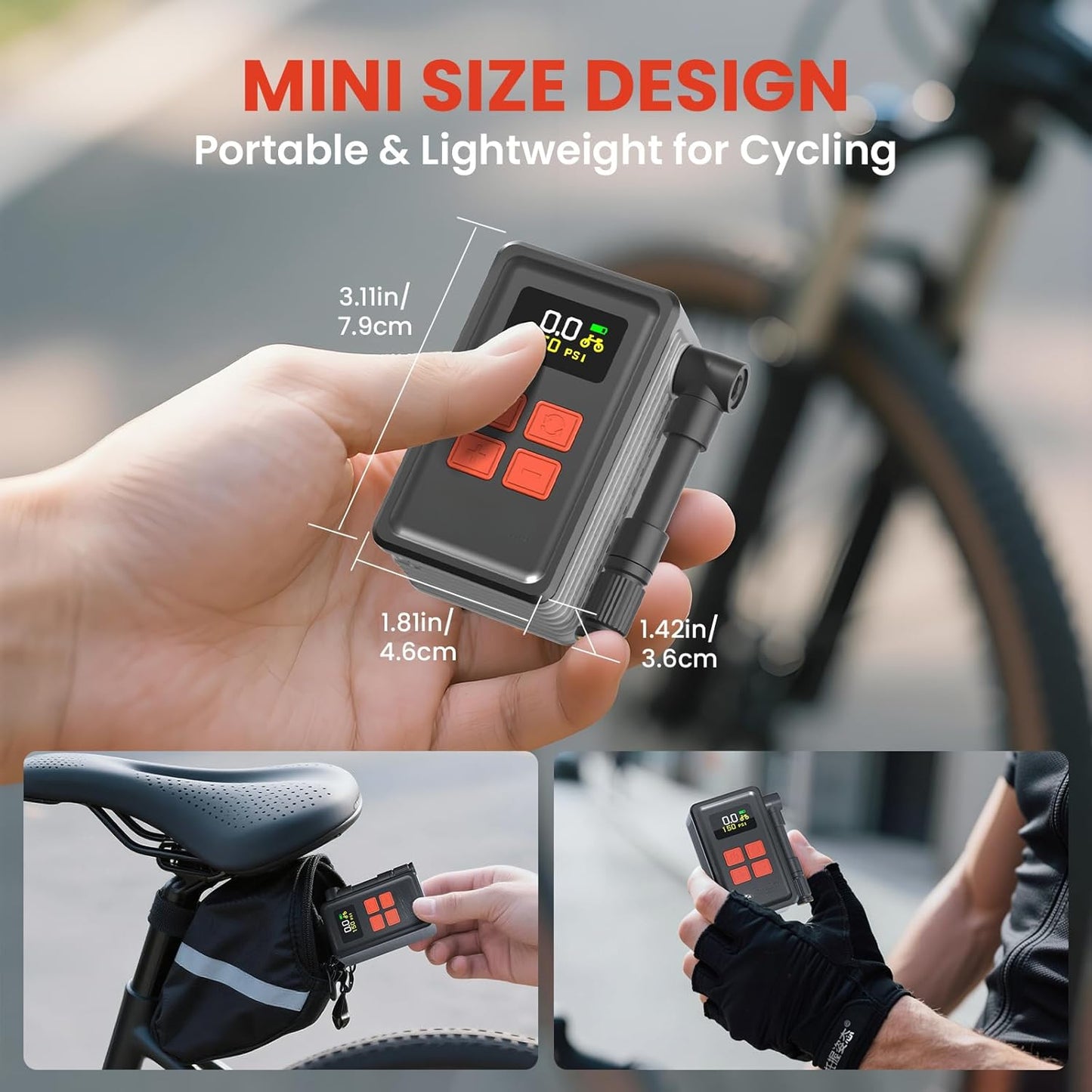 Mini Bike Tire Pump (150PSI Fast Inflation with Guage) (Presta and Schrader Valve) Portable Electric Air Pump for Road and Mountain Bicycle, E-Bike, Motorcycle, Sports Ball