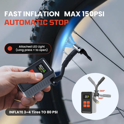 Mini Bike Tire Pump (150PSI Fast Inflation with Guage) (Presta and Schrader Valve) Portable Electric Air Pump for Road and Mountain Bicycle, E-Bike, Motorcycle, Sports Ball
