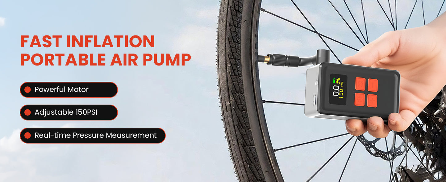 Mini Bike Tire Pump (150PSI Fast Inflation with Guage) (Presta and Schrader Valve) Portable Electric Air Pump for Road and Mountain Bicycle, E-Bike, Motorcycle, Sports Ball