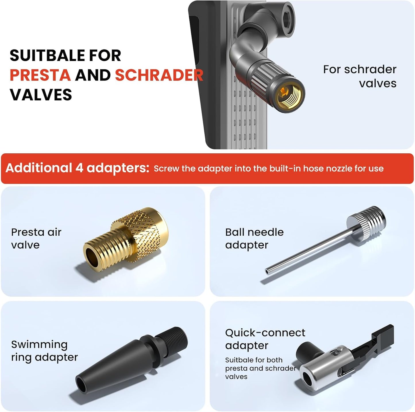 Mini Bike Tire Pump (150PSI Fast Inflation with Guage) (Presta and Schrader Valve) Portable Electric Air Pump for Road and Mountain Bicycle, E-Bike, Motorcycle, Sports Ball
